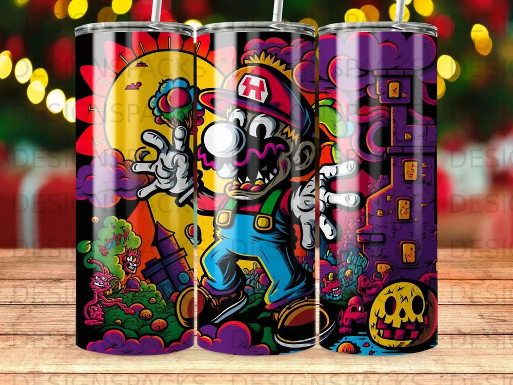 Cartoon Mario character in spooky, colorful landscape with skull and castle.