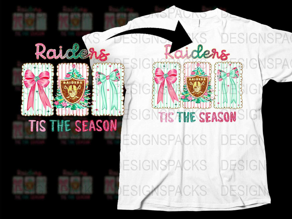 Raiders Christmas T-Shirt, Holiday Season Festive Tee, Pink Bow, Sports Team Fan Apparel
