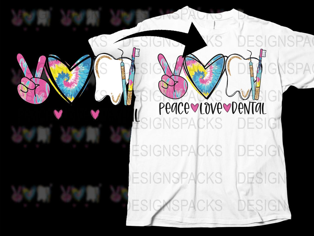 Colorful Peace Love Dental Graphic T-Shirt, Trendy Dentist Teeth Design Tee, Unique Dental Hygienist Gift, Full Print Shirt