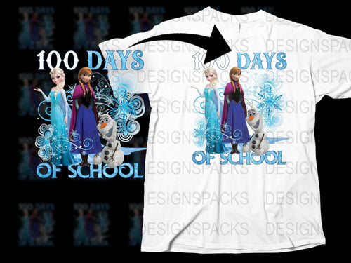 Kids Frozen Theme 100 Days of School Celebration T-Shirt, Cartoon Characters, White Tee