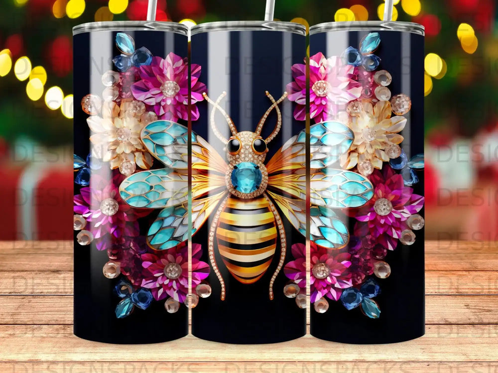 Bee with jeweled wings and floral embellishments on a dark striped background.