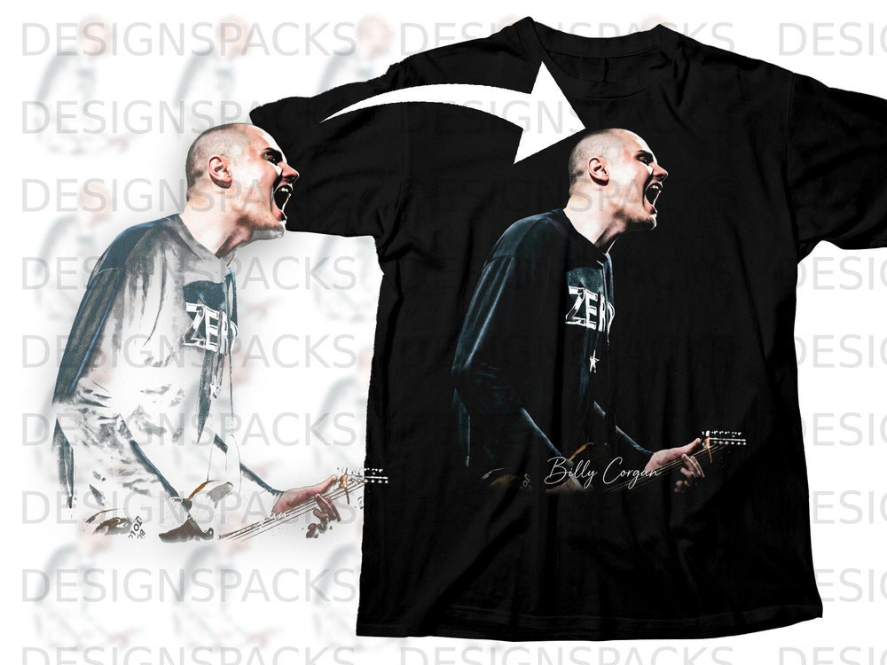 Black t-shirt with image of Billy Corgan playing guitar and screaming.