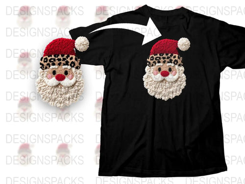 Festive Leopard Print Santa Hat T-Shirt, Cute Christmas Cheetah Face Holiday Tee, Unisex Adult Black Shirt