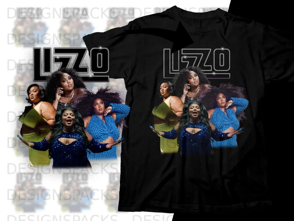 Black t-shirt featuring Lizzo in concert, with her name in outline text.