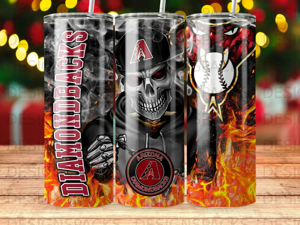 Arizona Diamondbacks skull mascot with fiery flames and team logo.