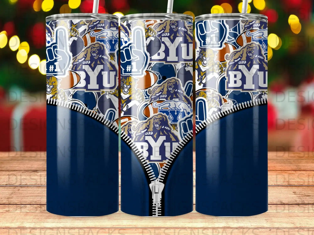 Blue tumbler with "BYU" logo and a zipper graphic against a bokeh background.