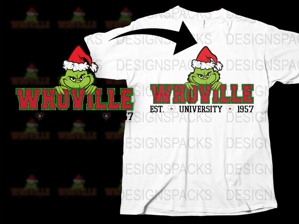 Whoville University T-Shirt, Grinch Character Holiday Tee, Christmas Party Outfit, 1957 Vintage Style Cotton Top