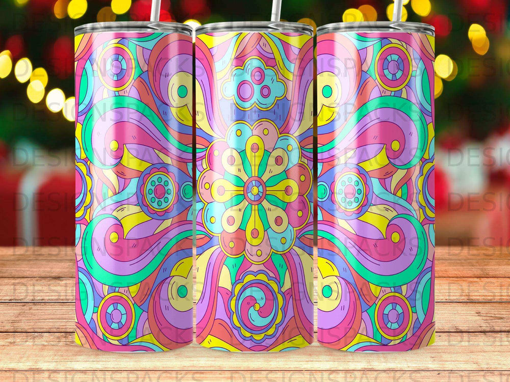 Colorful floral pattern with swirling lines on three tumblers.