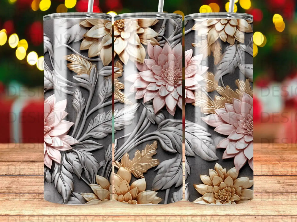 Floral design with embossed flowers and leaves on a textured background.