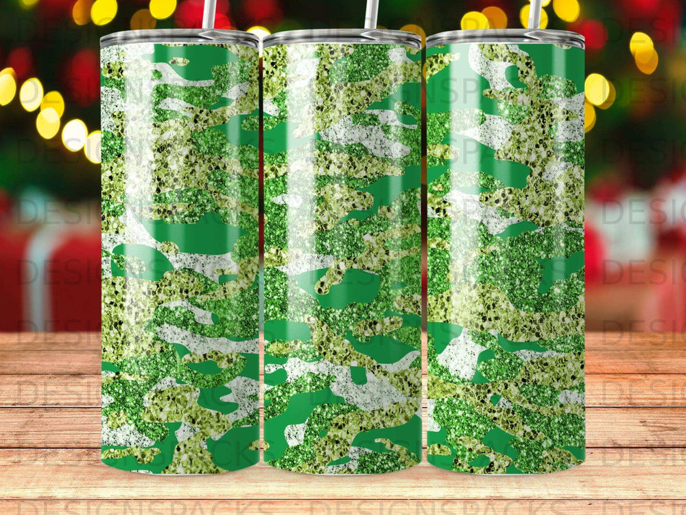 Green and white camouflage tumbler with glitter accents.