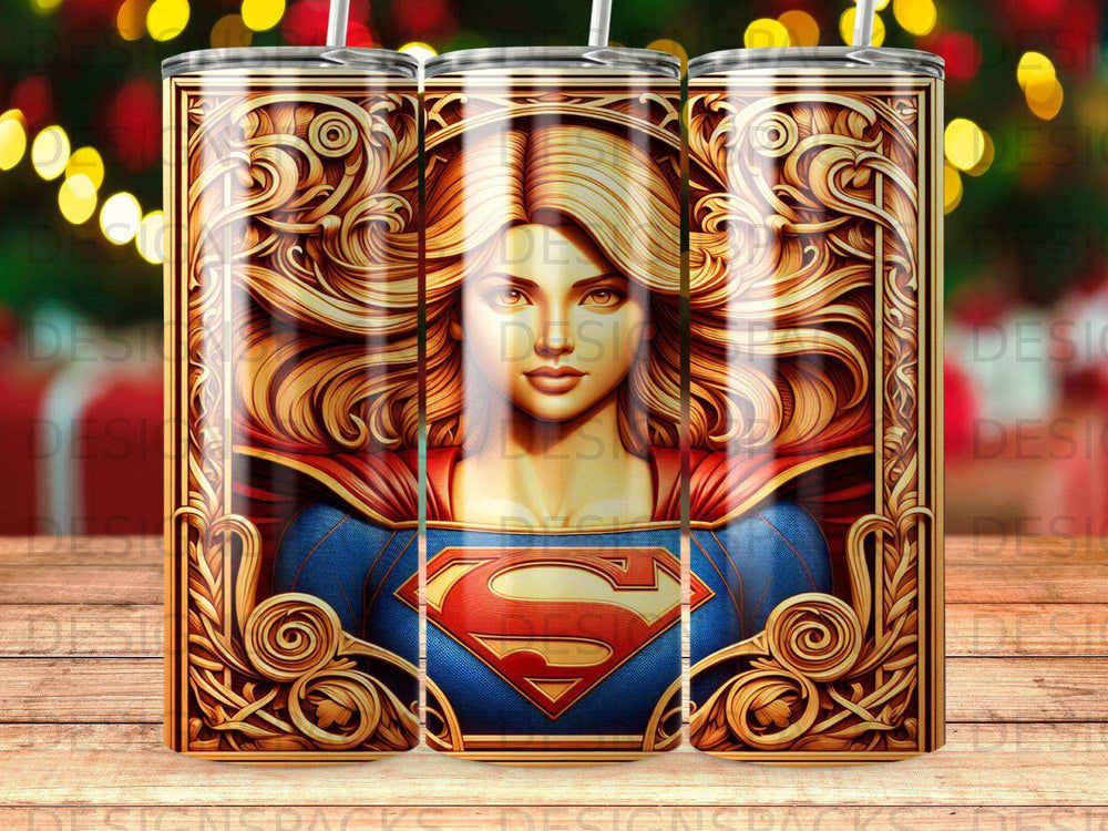 Supergirl character with ornate gold frame on a tumbler.
