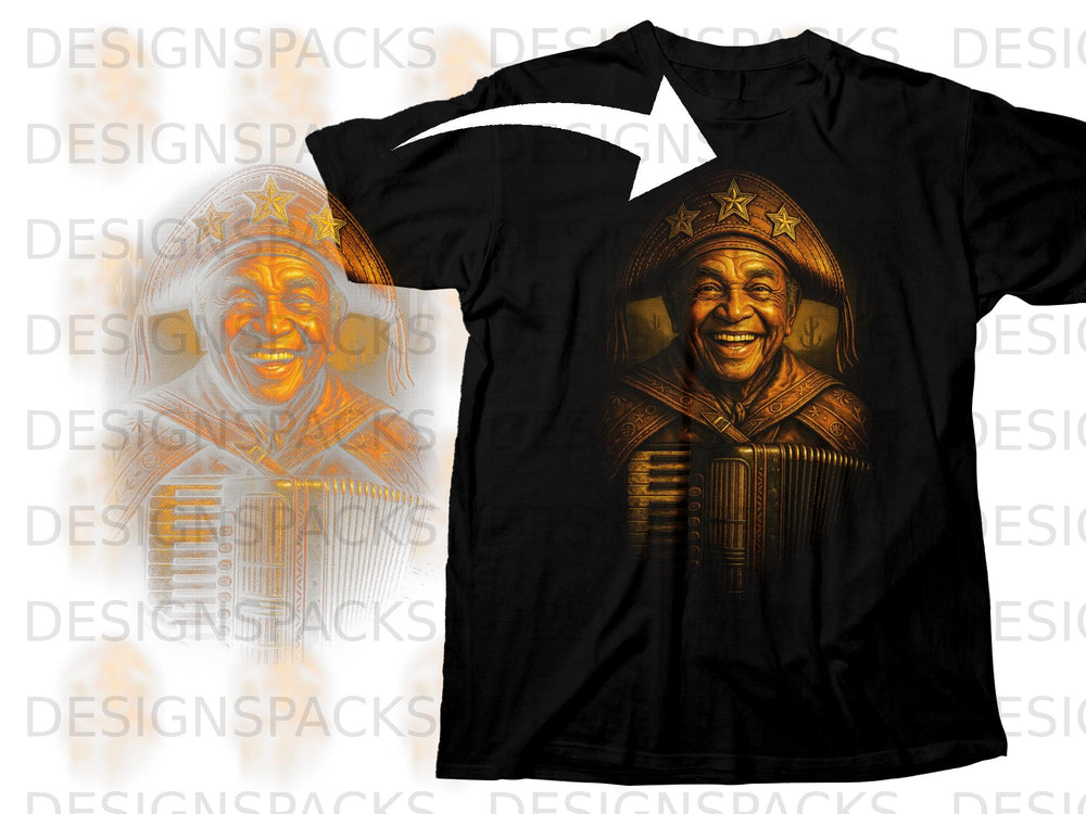 Black t-shirt with a man in a star-adorned hat playing an accordion.