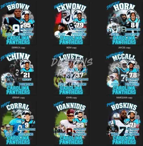 Carolina Panthers football player designs for DTF, DTG, embroidery – print-ready PNG, SVG, PES