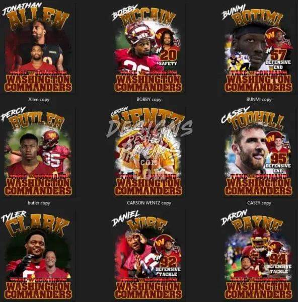 Washington Commanders football player designs for DTF/DTG and embroidery, featuring team stars in action poses.