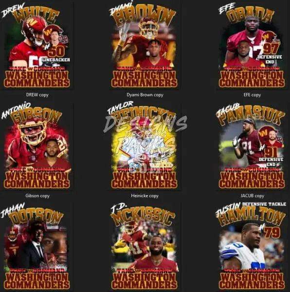 Washington Commanders football player designs for DTF, DTG, embroidery – print-ready PNG, SVG, PES