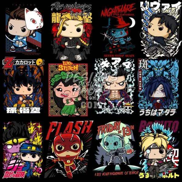 Chibi-style anime and superhero designs for DTF/DTG printing, featuring vibrant characters and bold text.