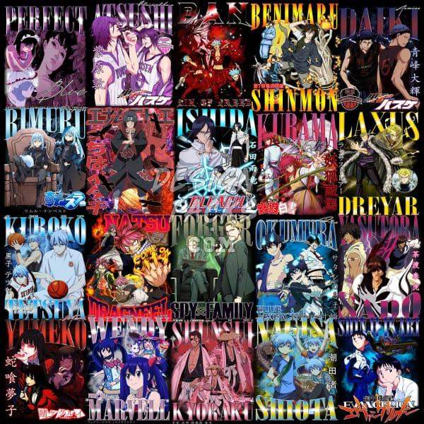Anime character collage with vibrant designs for DTF/DTG and embroidery projects