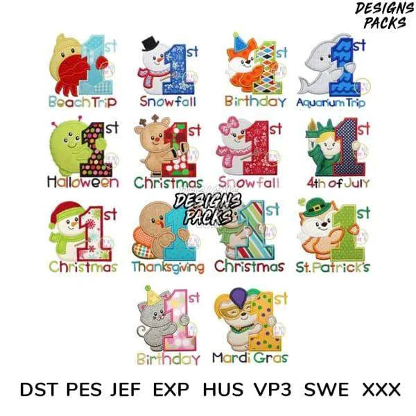 25 Baby 1st Time Events Applique Free Embroidery Designs Bundle Multi Sizes 4" 6" 7"