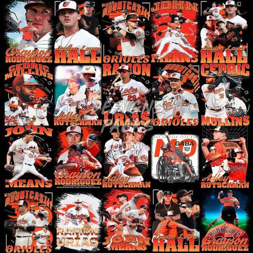 Baltimore Orioles baseball player collage with names, action shots, and team graphics for DTF/DTG printing