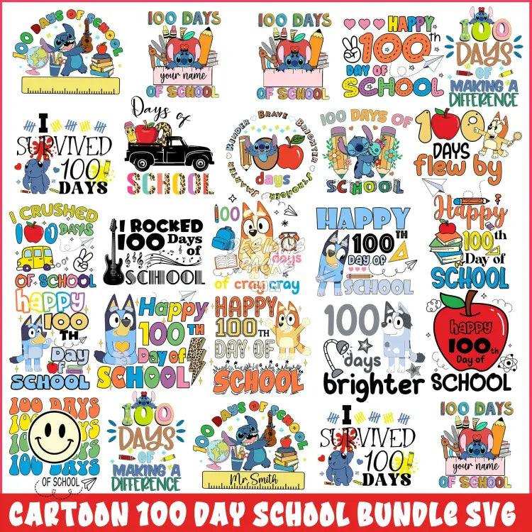 25 Cartoon 100 Day School Designs Bundle Png
