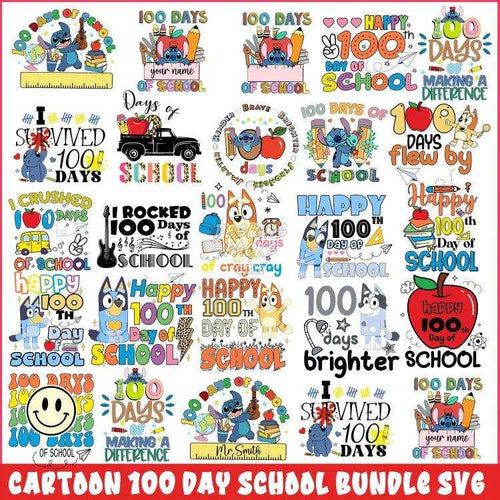 25 Cartoon 100 Day School Designs Bundle Png