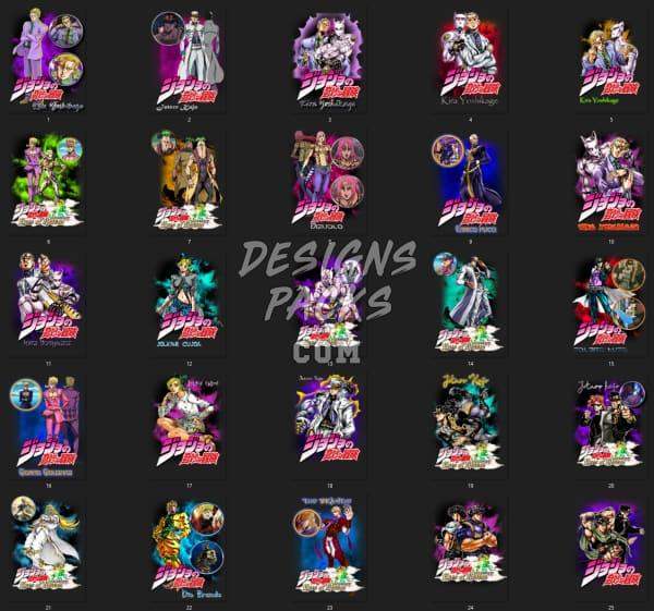 Anime character designs for DTF, DTG, and embroidery with vibrant colors and dynamic poses