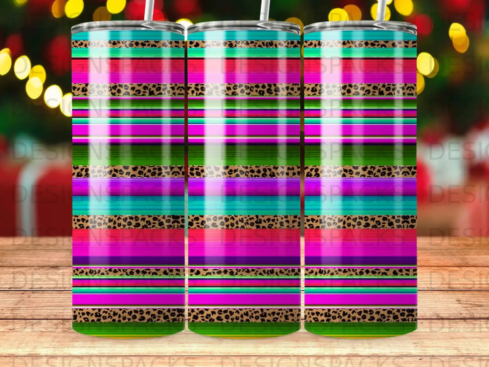 Tumbler with horizontal stripes of pink, green, blue, and leopard print.
