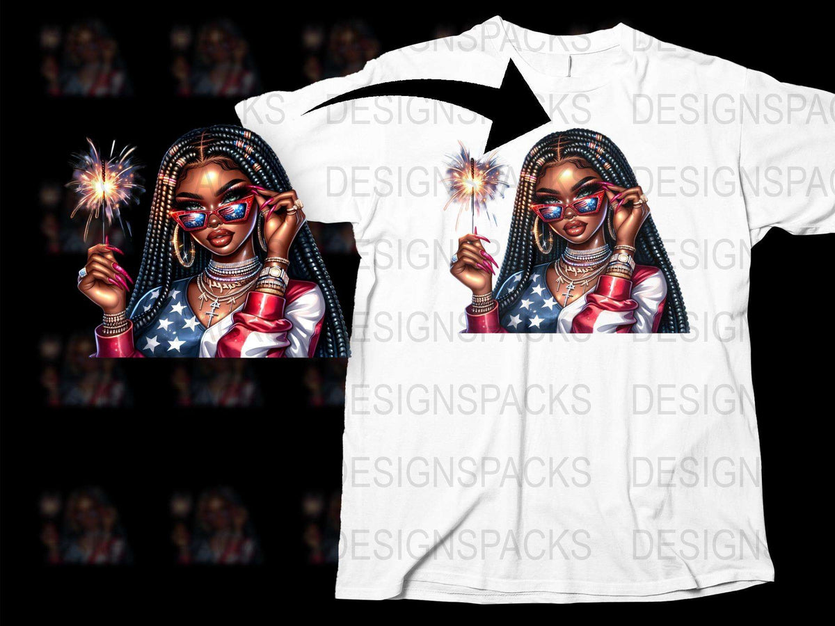 Patriotic Woman Graphic T-Shirt, African American Art, Sparklers Design, July 4th Celebration, Fashion Tee, Unique Illustration