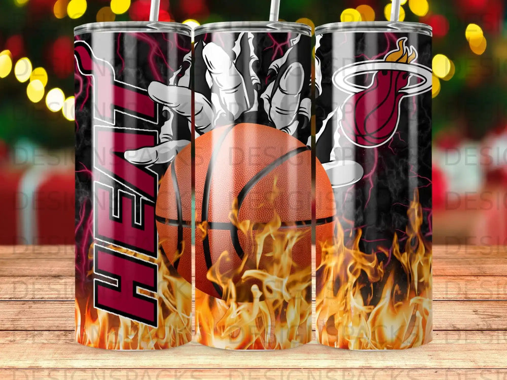 Miami Heat basketball tumbler with team logo and flame graphics.