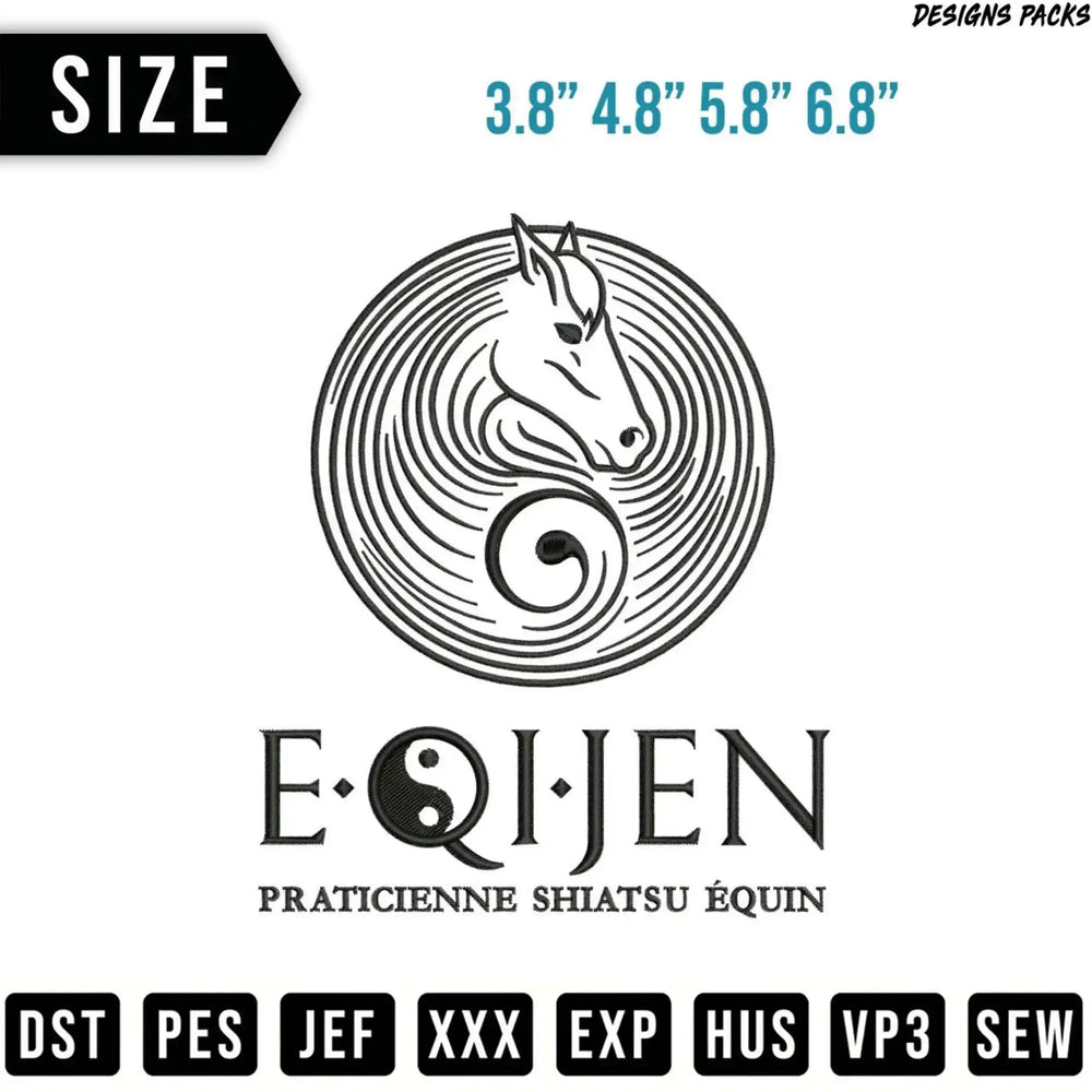 Embroidery design of a horse head in a circle, with text.