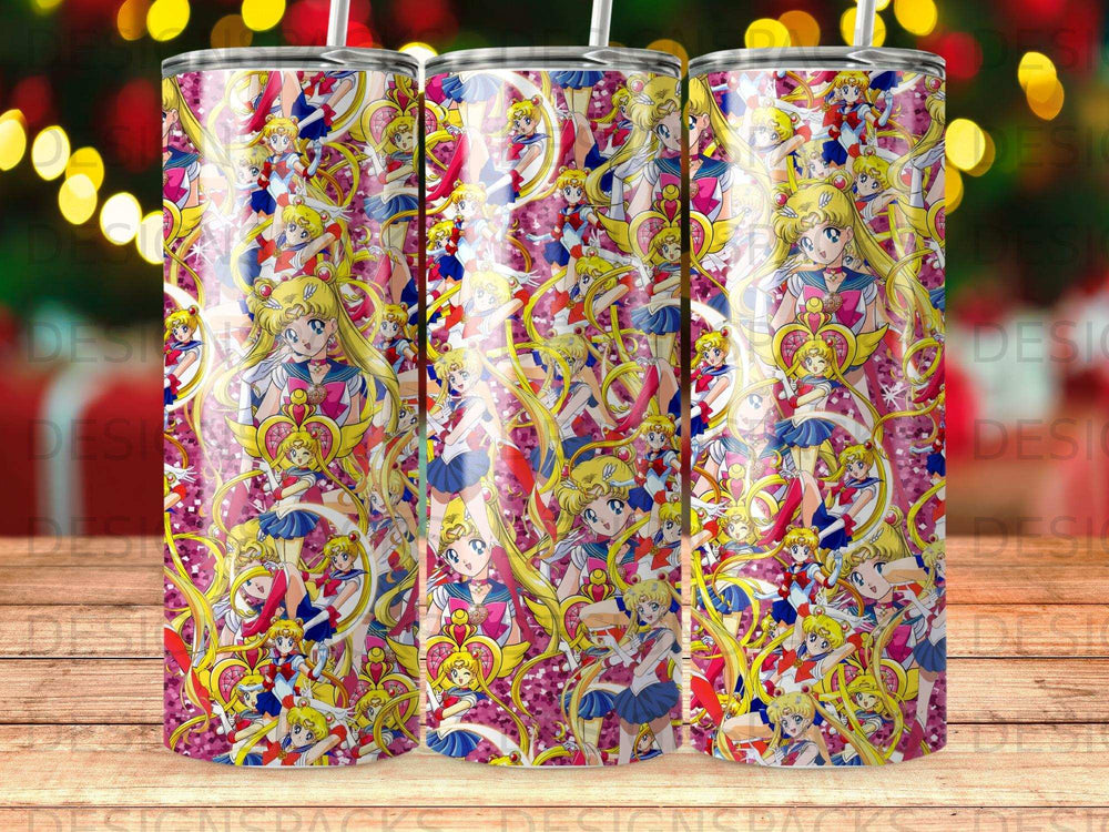 Sailor Moon characters in colorful outfits fill a patterned tumbler with sparkly gold accents.
