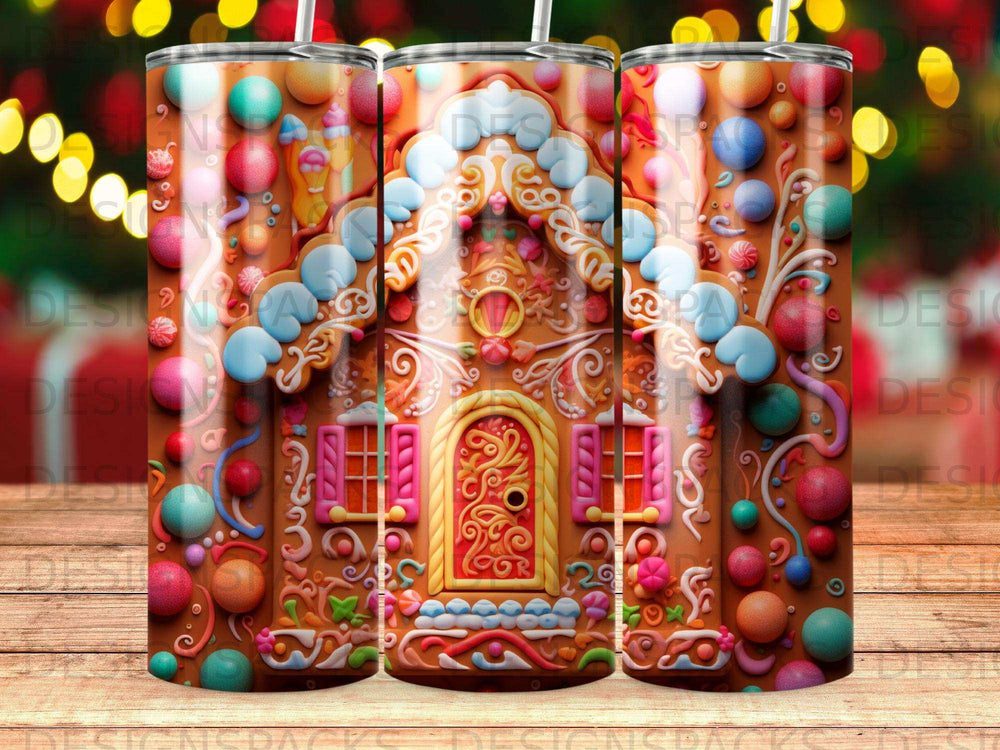Gingerbread house with colorful candies and icing on a tumbler.