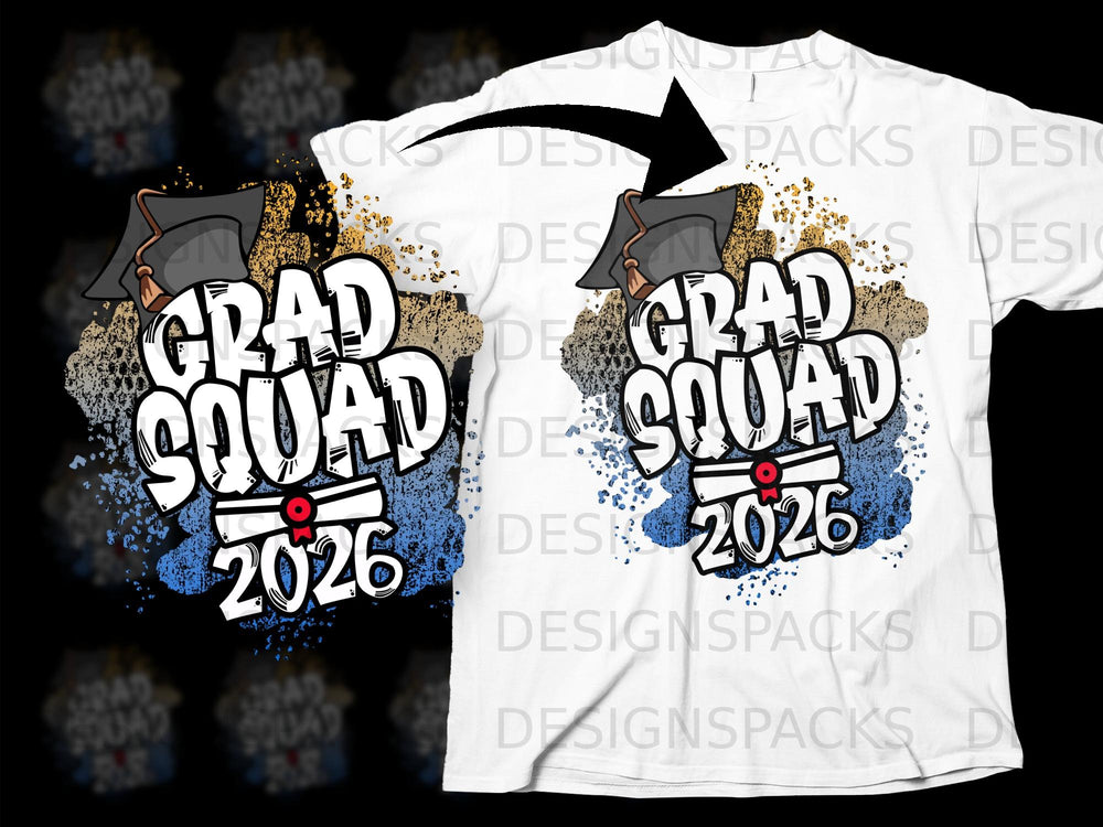 White t-shirt with "Grad Squad 2026" graffiti-style graphic and graduation cap.