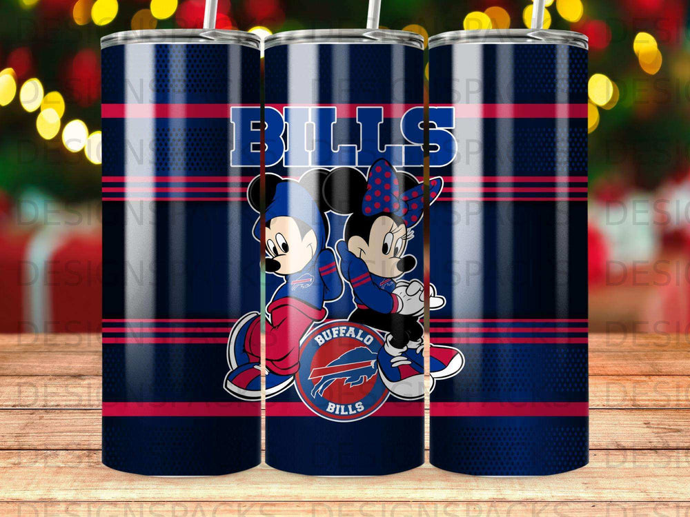 Buffalo Bills themed tumbler featuring Mickey and Minnie Mouse.