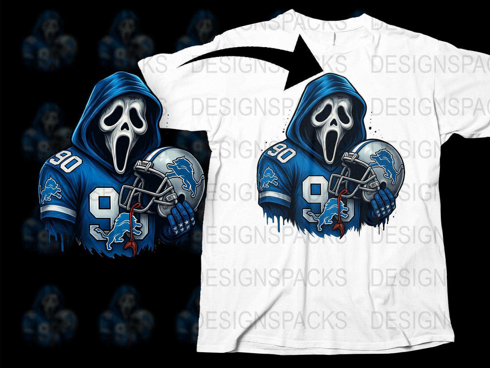 Grim Reaper Football Player T-Shirt, Detroit Lions Fan Art, Halloween Sports Apparel