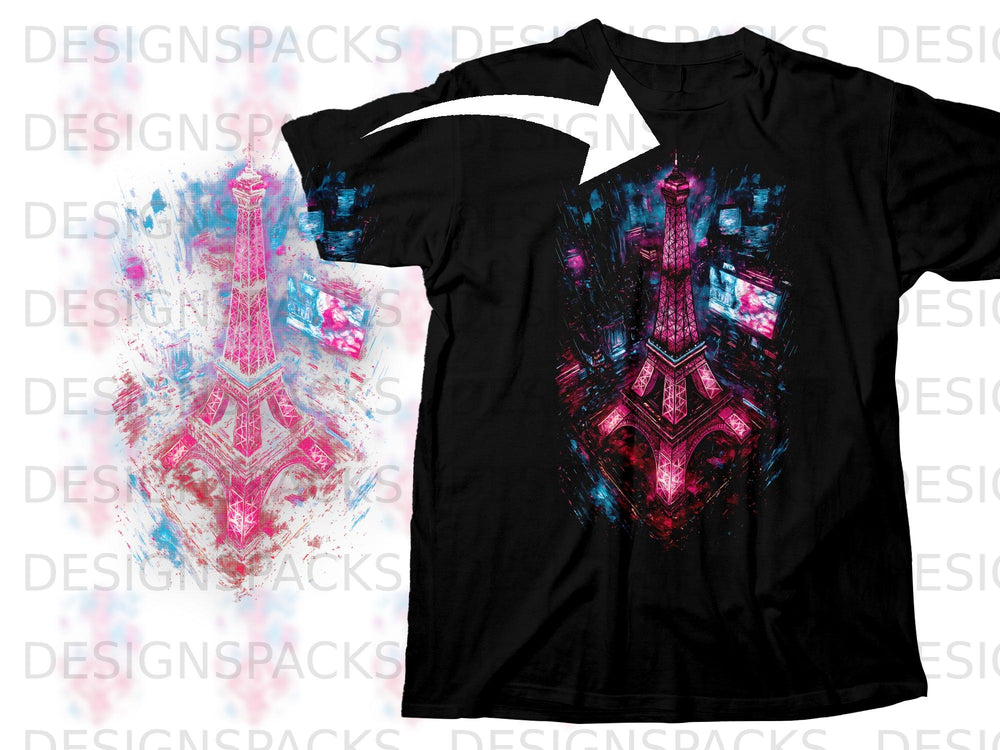 Black t-shirt with a graphic of the Eiffel Tower in neon pink and blue.