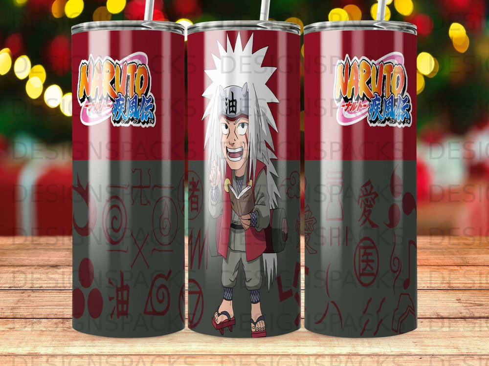Naruto character Jiraiya holding a book, on a red tumbler with anime graphics.