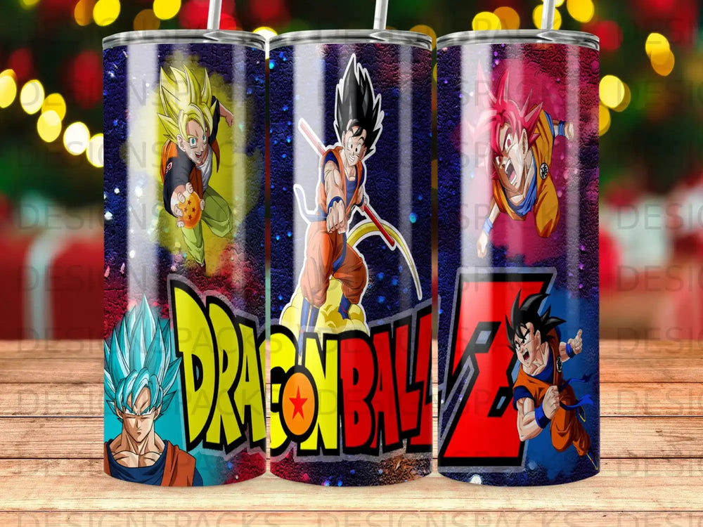 Dragon Ball Z characters Goku, Vegeta, and Gohan on a tumbler.