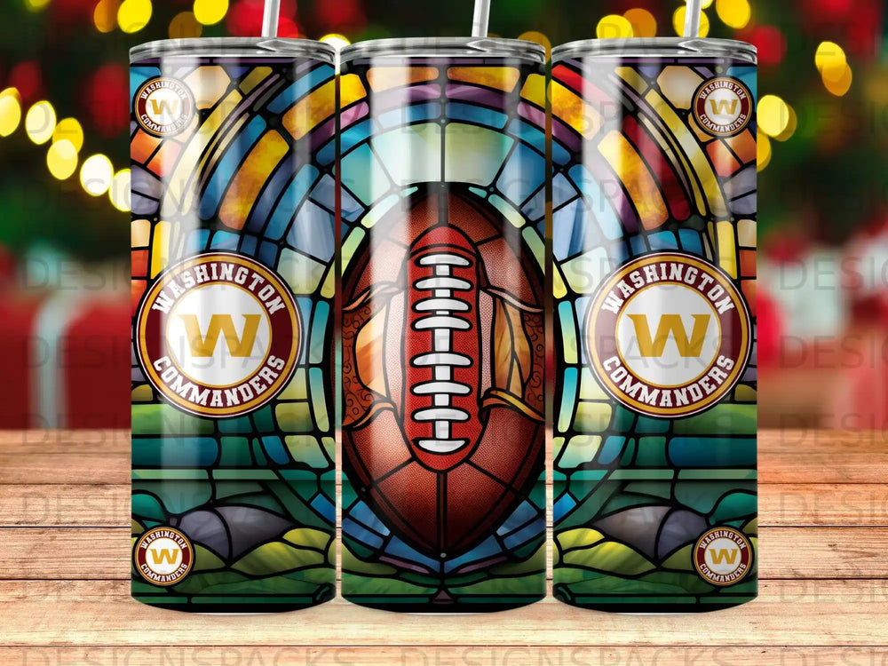 Washington Commanders football and stained glass design on a tumbler.