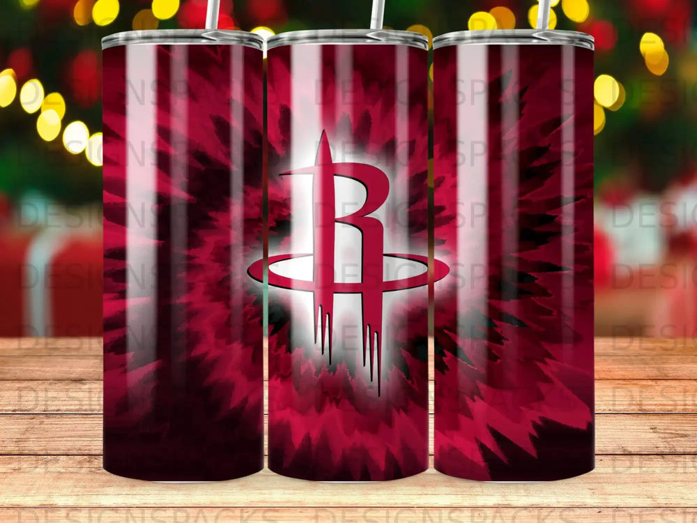 Houston Rockets tie-dye tumbler with logo.