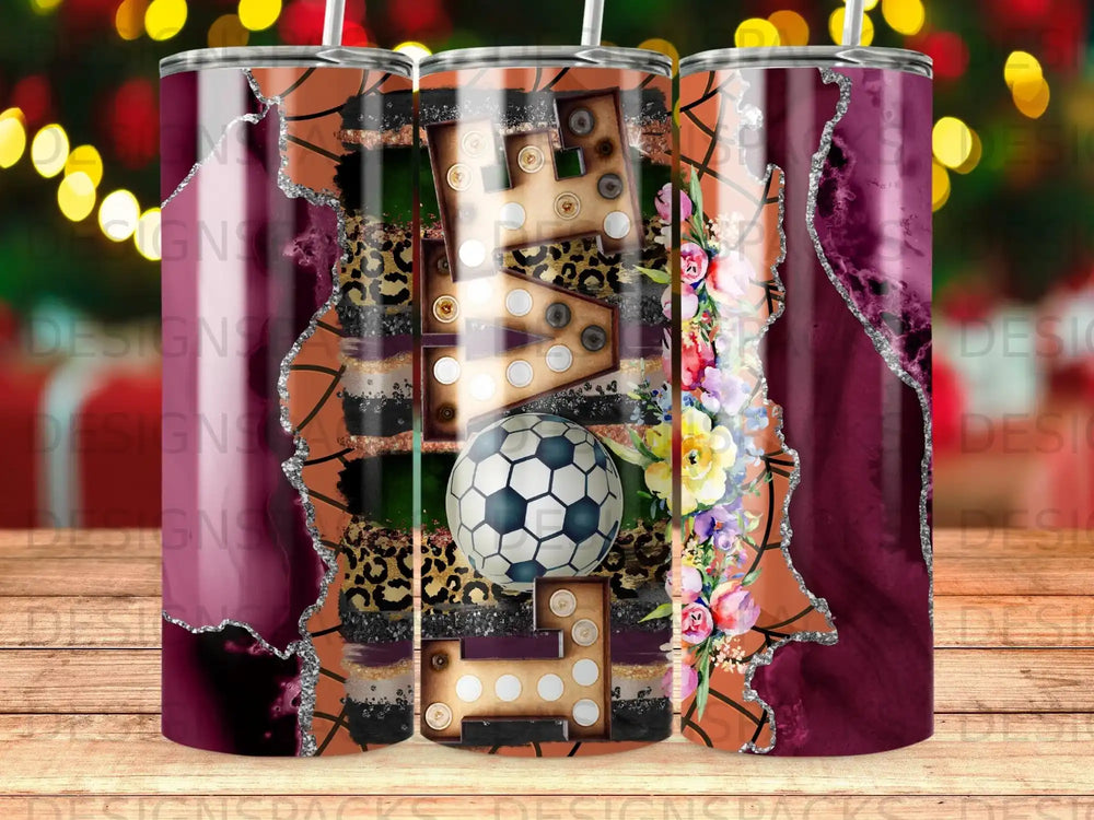 Tumbler with "LOVE" text, soccer ball, floral, leopard, and glitter patterns.