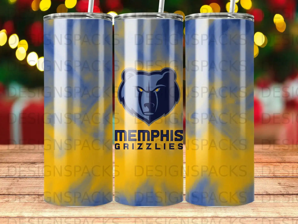 Memphis Grizzlies logo on a yellow and blue gradient tumbler.