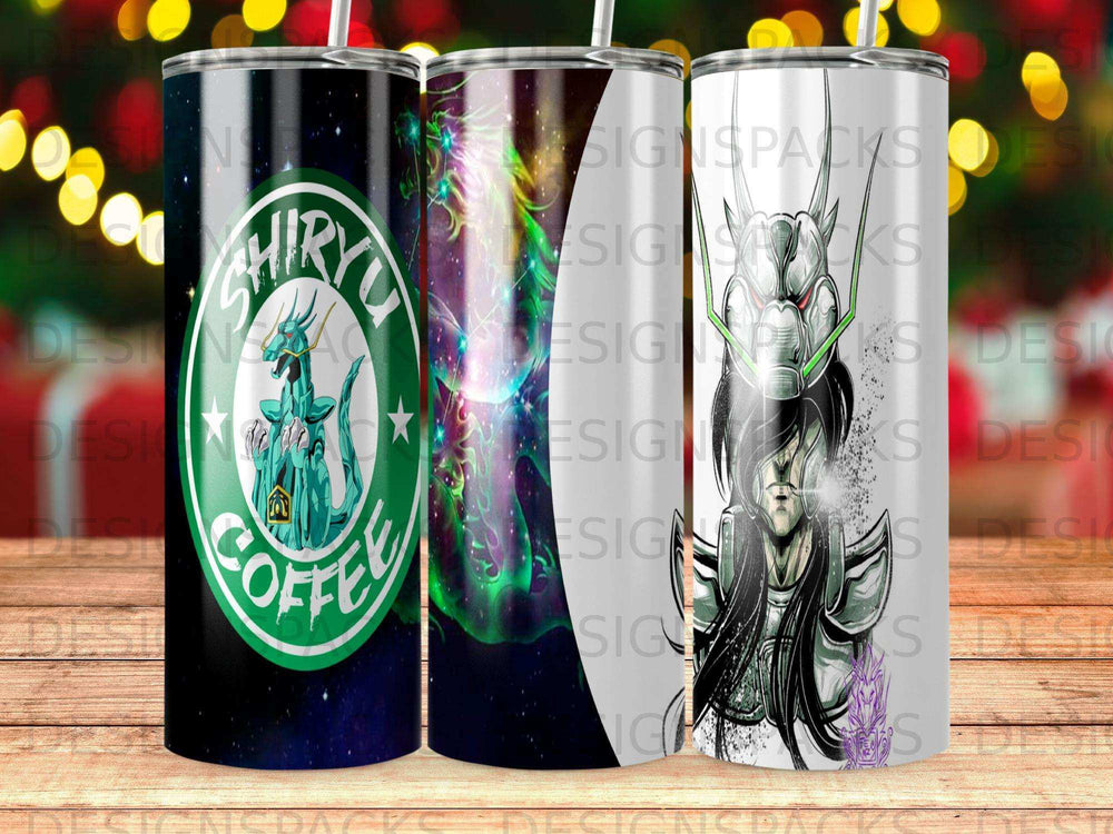 Tumblers with Saint Seiya character Shiryu and a coffee logo.