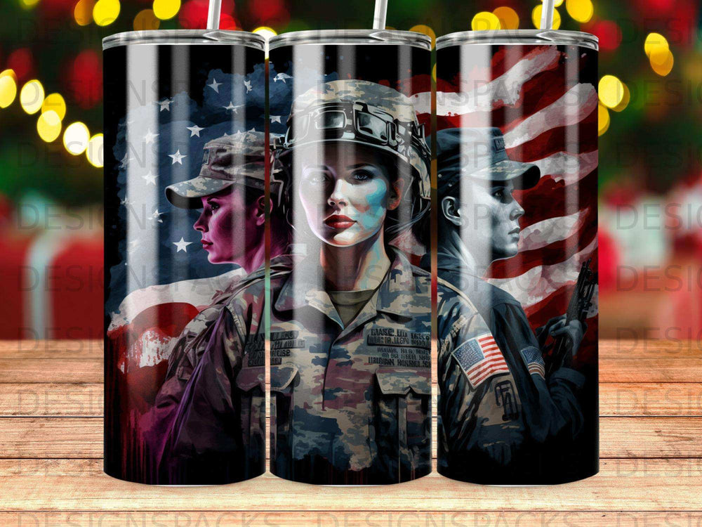 Military women in uniform against an American flag backdrop.