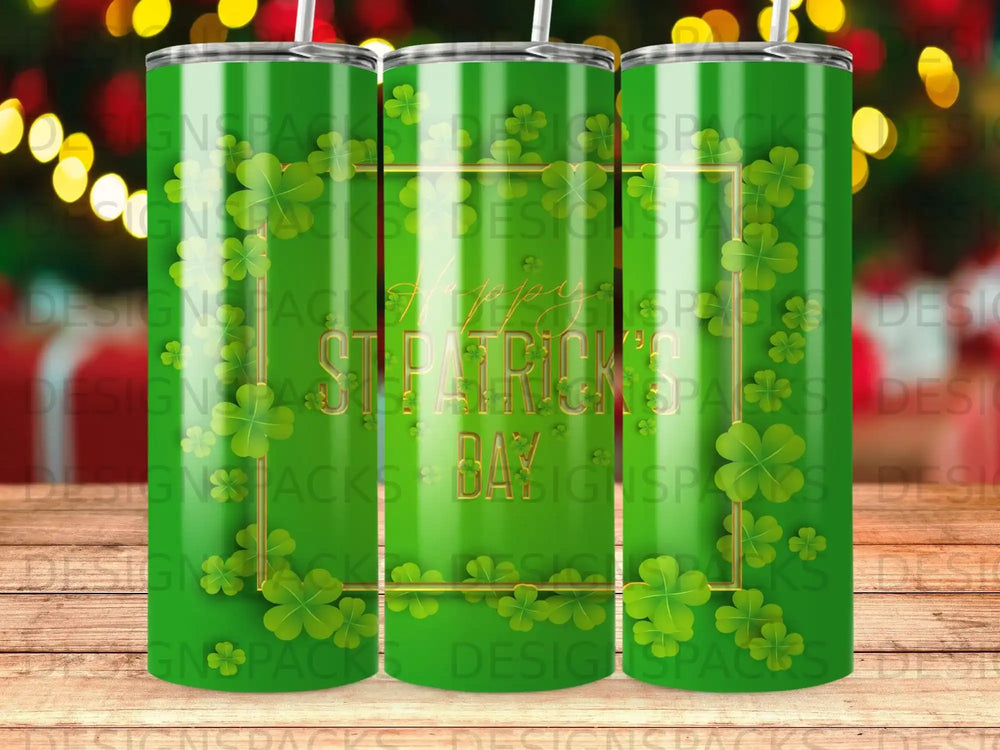 Green tumbler with St. Patrick's Day theme, shamrocks, and "Happy St. Patrick's Day" text.