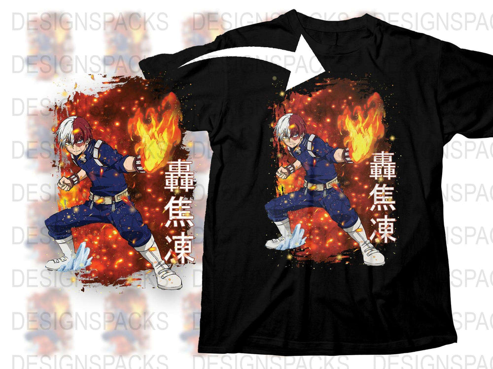 Anime Firefighter Graphic T-Shirt, Japanese Kanji Print, Unisex Black Tee, Cool Flame Design, Casual Cosplay Apparel