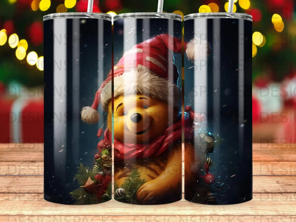 Winnie the Pooh wearing a Santa hat, surrounded by festive lights.