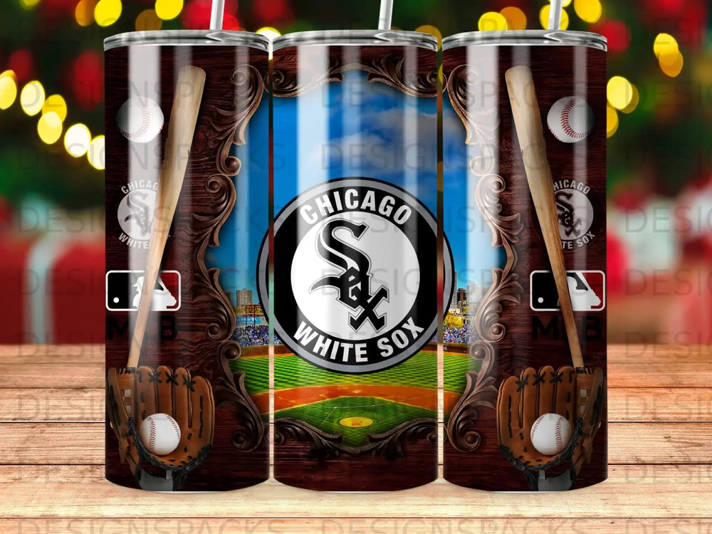 Chicago White Sox logo on a baseball field with gloves and bats.