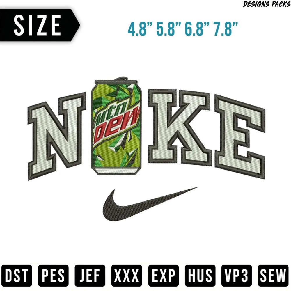 Embroidered patch of "MTN DEW NIKE" logo with sizes and file types.