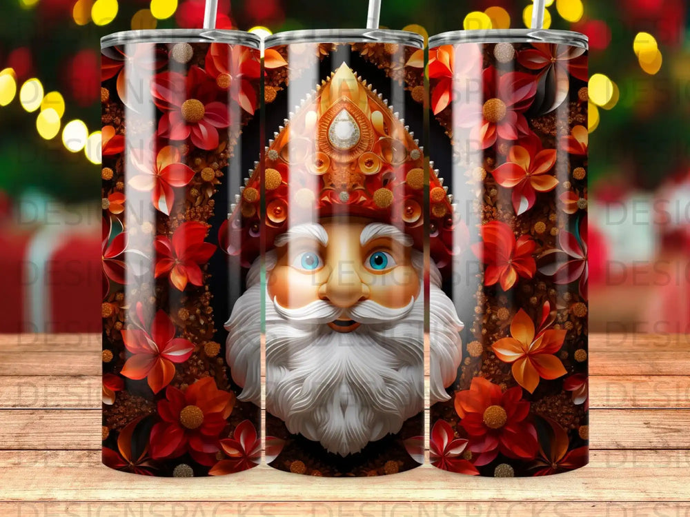 Santa Claus face on a tumbler with red flowers and bokeh lights.